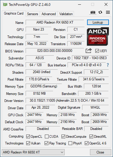 ASUS Dual Radeon RX 6650 XT OC Edition 8GB GDDR6 Graphics Card